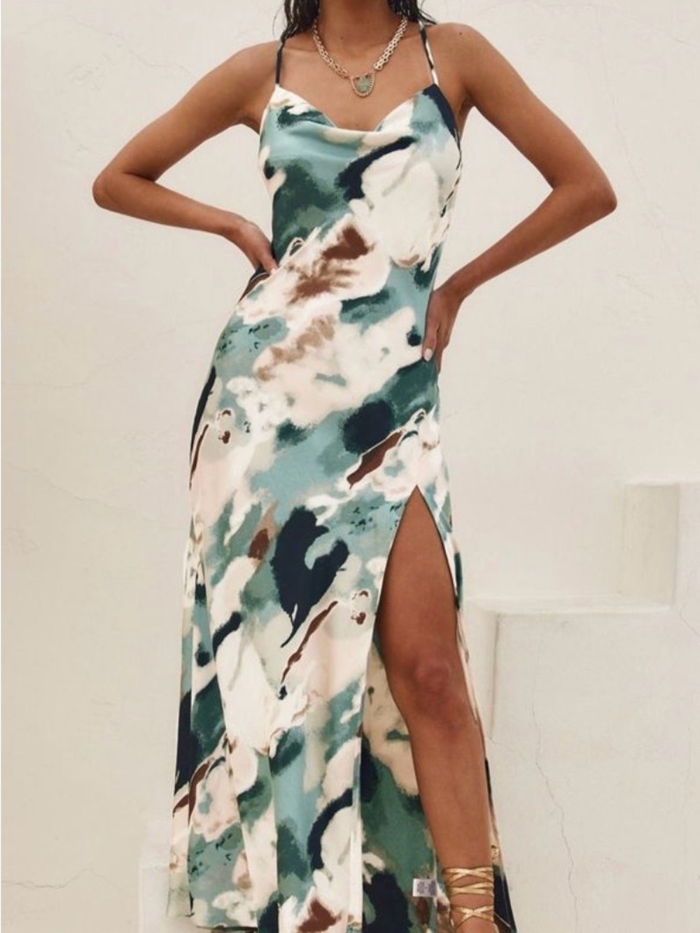 12th Tribe Teal, Cream & Brown Watercolor Slip Midi Dress